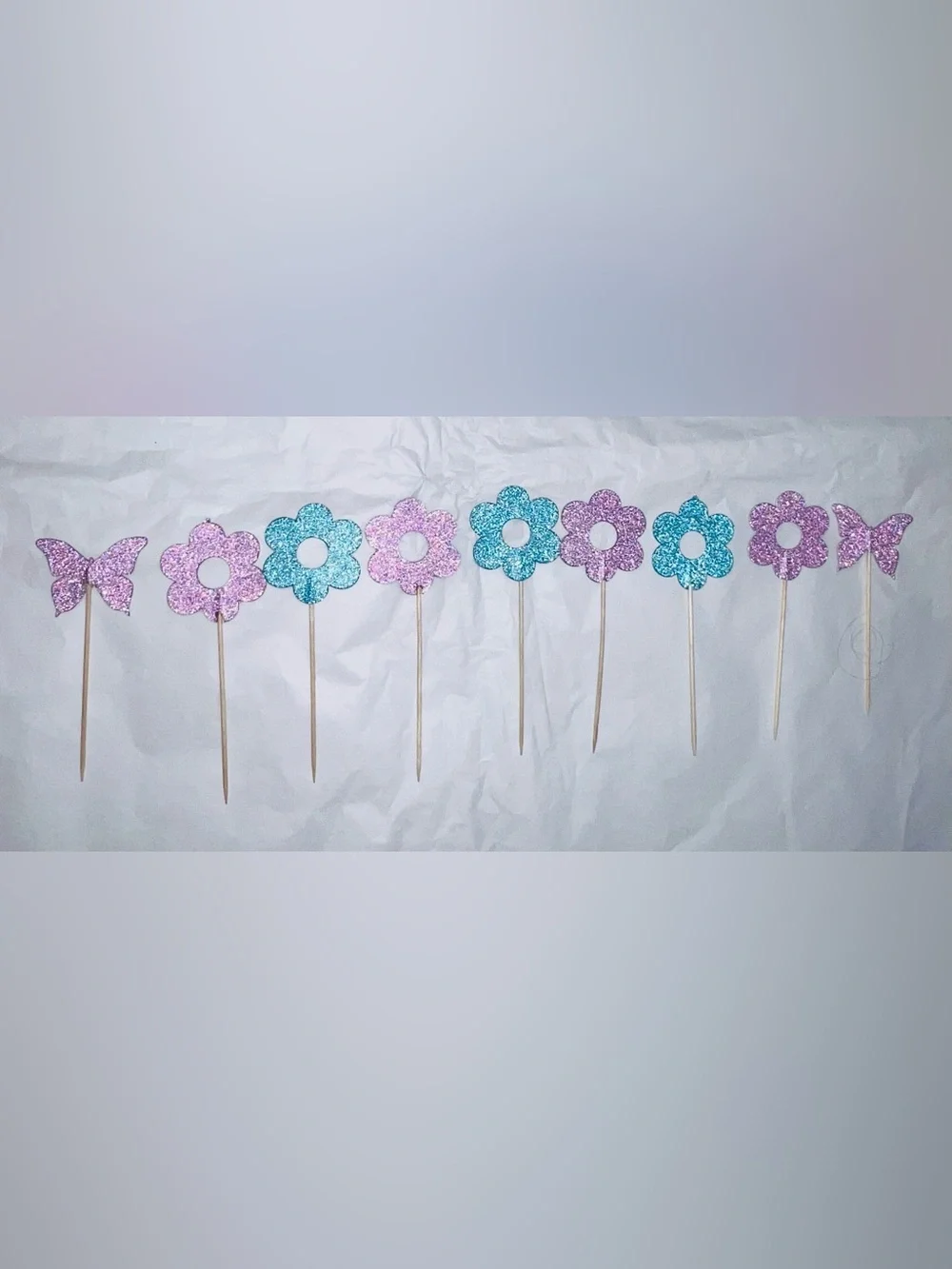 Glitter Cupcake Cake Toppers Pink Teal Floral Butterfly Picks Shimmer Decoration